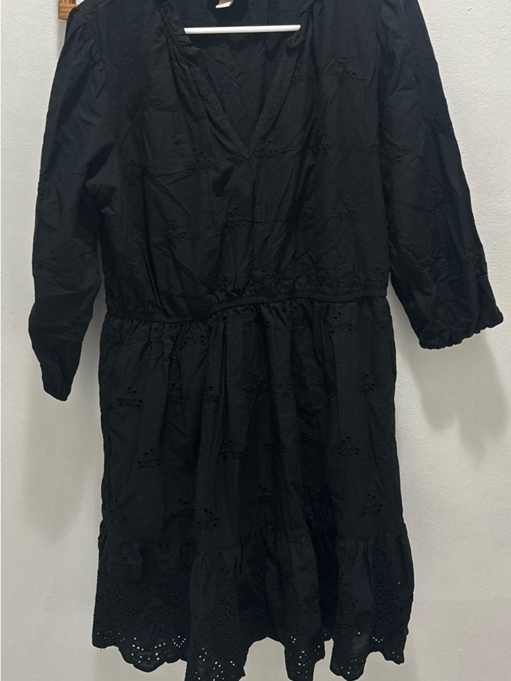 Black Eyelet V-Neck  Dress